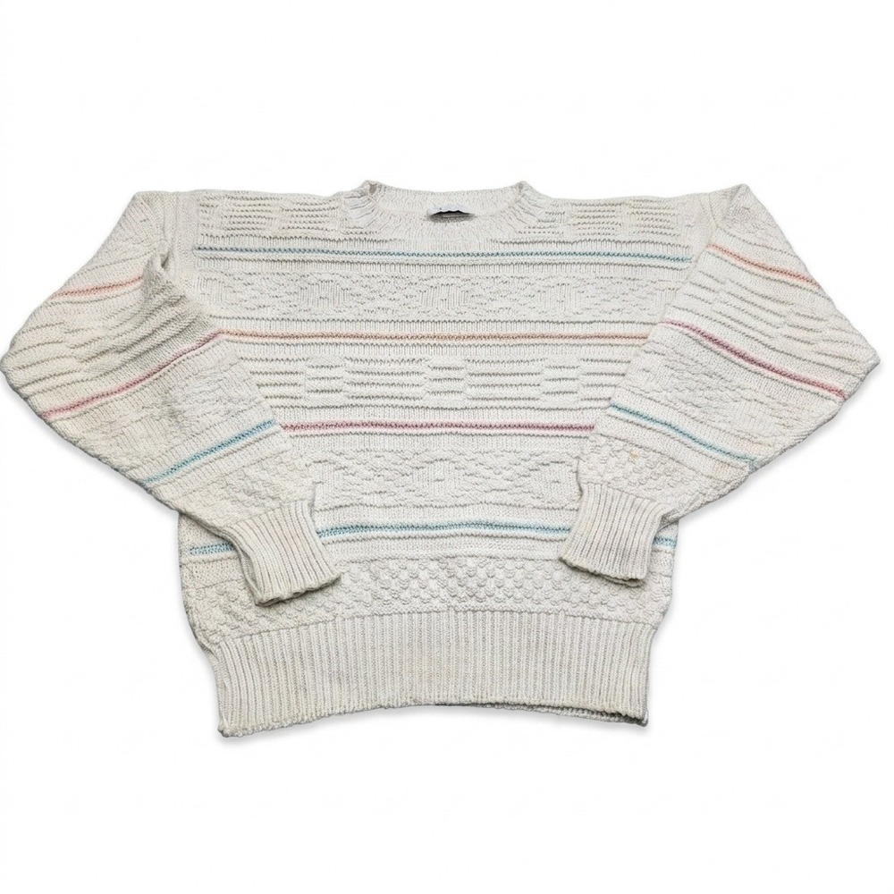 VTG 90s Private Club‎ Sweater Mens Medium White Cotton Knit Pastel Striped USA
